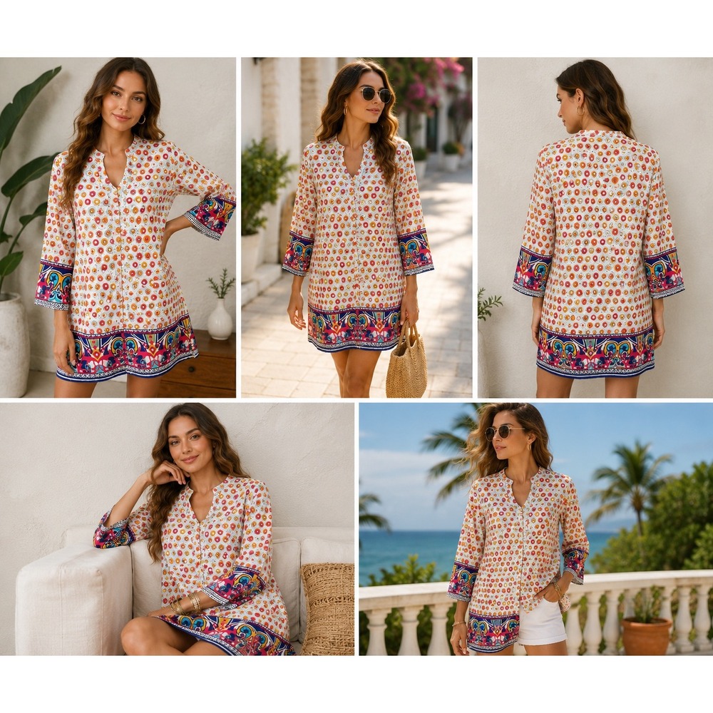 Akkriti Women Cotton Tunic Dress Boho Print 3/4 Sleeve Multi-Color Size L NEW